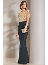 cheap BLACK-Mermaid / Trumpet Evening Gown Elegant Dress Formal Evening Party Floor Length Short Sleeve Crewneck Satin with Glitter 2025