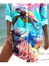 billige hawaiiansk kjole-Kvinnens mini kjole skjortekjole Mini Kjoler Ombre Grafisk Dyre Elegant Tropisk Hawaiian Lange ermer Kjoler Krage Lang Knapper Print Himmelblå Sommer Vår