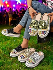 levne Pohodlné sandály-dámské zlaté flitrové tenisky na platformě mules – třpytivé slip-on boty s vyšívanými detaily pro festivaly, párty a street fashion