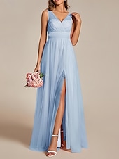 baratos Vestidos para Madrinhas-vestido de dama de honra em corte A, decote em V, sem mangas, elegante, longo, tule, com fenda frontal / franzido 2025