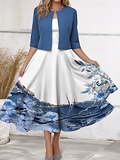 billige Blomsterkjole-Kvinne Midi Kjole Casual Kjole Chiffon Kjole Sving Kjole Elegant Bryllup Ferie Daglig Regular Fit Blomster Halv erme V Hals Blå Sommer Vår Høst