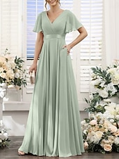 baratos Vestidos para Madrinhas-Linha A Vestido de Madrinha Decote V Manga Curta Elegante Longo Chiffon com Franzido 2022