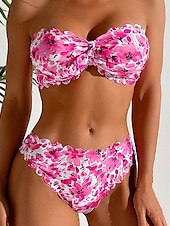 billiga Bikiniset-Dam Badkläder Bikini 2 st Kaxig Baddräkt Öppen rygg Smal Semester Standkläder Blommig Axelbandslös Ärmlös Baddräkter