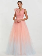 cheap Prom Dresses-Pink Ball Gown A-Line Prom Dresses Elegant Dress Formal Wedding Floor Length Sleeveless V Neck Tulle with Shouder Flower 2025