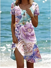 preiswerte Hawaiian-Kleider-Damen Minikleid Casual kleid Böhmen Urlaub Tropisch Kappe Urlaub Festtage Strand Regular Fit Farbverlauf Graphic Tropisch Kurzarm Rundhalsausschnitt Weiß Rosa Blau Purpur Sommer Frühling