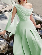 abordables Robes de cocktail-Robe de plage A-Line Robes cocktail Élégante Robe Invité de mariage Longueur thé Sans manches Col chauve-souris Tissu extensible avec volants Robes