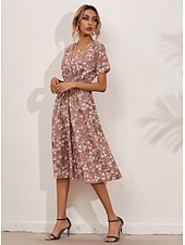 billiga Eleganta blommiga klänningar-Dam Midiklänning Vardagsklänning Swingklänning A linjeklänning Stylish Ledigt Semester Dagligen Normal Blommig Kortärmad V-hals Svart Vit Gul Rodnande Rosa Sommar