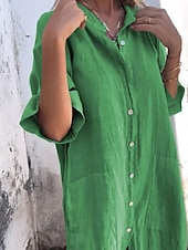 preiswerte bedruckte Kleider aus Baumwolle und Leinen-Damen Langes Kleid Maxikleid Baumwoll-Leinen-Kleider Hemdblusenkleid Freizeitkleid Basic Lässig Urlaub Lässig Täglich Lässiger Schnitt Einfach Halbarm Hemdkragen Blau Grün Khaki Grau Sommer Frühling