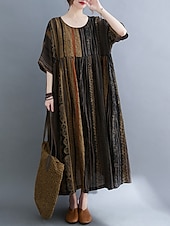 abordables robes imprimées en coton et lin-Femmes Robe maxi Robes en coton et lin Robe Décontractée Basique Occasionnel Vacances Quotidien Coupe régulière Graphique Manche Courte Col ras du cou Marron foncé Rouge Bordeaux Été
