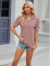 cheap Lace Tops-Women&#039;s Boho T-shirt Plain Bohemia Cute Stylish Short Sleeve Puff Sleeve V Neck Shirt Collar Regular Tops Daily Going out Weekend Ruffle Eyelet Sage Green Black White Pink Wine Summer