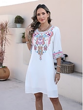 cheap Casual Dress-Valentine&#039;s Day Women&#039;s Normal Mini Dress Boho Chic Dresses A Line Dress Bohemia Stylish Classic Elbow Sleeve Vacation Party Casual Form Fit Floral Plain 3/4 Length Sleeve Crew Neck Black White Summer