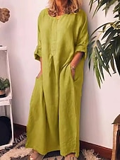abordables Robes-Femmes Robe Longue Maxi Robe Robes inspirées du lin Robe Décontractée Robe en coton et lin Élégant Occasionnel Vacances Quotidien Date Coupe régulière Uni manche longue Col ras du cou Blanche Jaune