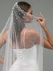 olcso Fátylak-Egyrétegű Kortárs  Stílusos Menyasszonyi Fátyol Katedrális Fátylok Mesterséges Gyöngy Tülllel