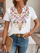 levne Boho tričko-Dámské Tričko Květinový Na běžné nošení Krátký rukáv Do V Běžné topy Denní Tisk Bílá Léto