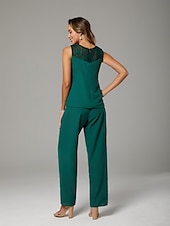cheap Mom&#039;s Pant Suits-Jumpsuit / Pantsuit Mother of the Bride  Wrap Included Jewel Neck Floor Length Chiffon Lace 3/4 Length Sleeve with Beading