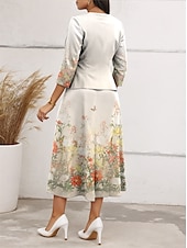 levne květinové šaty-Dámské Sada šatů Volnočasové šaty Šifonové šaty Swingové šaty Elegantní Květinový Tisk Midi šaty Poloviční rukáv Do V Dovolená Rande Béžová Jaro Běžný
