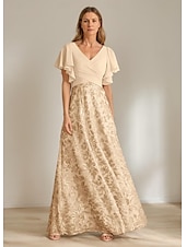 abordables Longueur du plancher-Robe de mère de la mariée trapèze élégante vintage simple col en V longueur au sol en mousseline de soie à volants manches courtes avec dentelle florale paillettes 2025