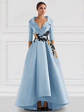 preiswerte SCHWARZ-Schwarzes A-Linie Abendkleid Vintage Gesticktes Elegantes Kleid Smokingkleid Formal Bodenlang Langarm V-Ausschnitt Tasche Satin mit Perlenapplikationen