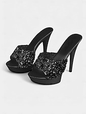 economico Sandali con Piattaforma-mules con plateau e strass neri – sandali slip-on sexy con tacco alto da donna per feste e abbigliamento da discoteca