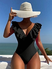 voordelige Eendelige badpakken-Dames Zwemkleding Een stukje Monokini Zwempak Ruche Blote rug Buikcontrole Hoge taille Slank Vakantie Strand Kleding Effen Kleur V-hals Mouwloos Badpakken