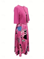 cheap Dress Sets-Women&#039;s Midi Dress Casual Dress Dress Set Swing Dress A Line Dress Stylish Casual Vacation Daily Regular Fit Graphic Half Sleeve V Neck Pink Blue Fuchsia Orange Summer