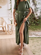 tanie Prosta sukienka-Sukienka maxi dla kobiet Sukienka w kształcie litery A Jednolity kolor Sukienka letnia Podstawowy Casual Wakacje Codzienny Regular Fit Gładka Krótki rękaw Okrągły dekolt Różowy Winny Niebieski