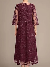 baratos Com jaqueta-Conjunto de Vestido de Mãe da Noiva Elegante Vintage Simples Gola Redonda Comprimento Chá Chiffon Manga 3/4 Com Bordas em Cascata com Aplique de Renda Floral com Lantejoulas 2025