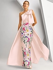 baratos AZUL-Linha A Vestidos de noite Elegante Vestido Formal Casamento Longo Sem Manga Assimétrico Cetim com Laço(s) Fenda Bordado 2025