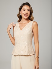abordables Longueur du plancher-Combinaison  pantalon 3 pièces robe de la mère de la mariée invité de mariage formel élégante encolure en V longue jusqu&#039;au sol robe en chiffon avec dentelle manches longues blazer avec appliqués