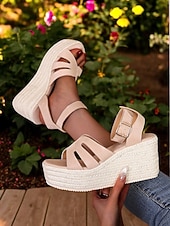 olcso Nyári szandálok-női espadrille platform ékszandál – nyitott orrú bokapántos nyári cipő hétköznapi, strand- és nyaralási viselethez