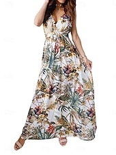abordables Robes de vacances-Femme Robe Maxi Robe casual mode Décontractées Vacances Casual du quotidien Standard Graphic Sans Manches Col V Noir Blanche Bleu Vert Eté Printemps