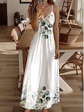 tanie Sukienki kwiatowe-Damskie Sukienka maxi Sukienka letnia Sukienka A line Letnie sukienki Sukienka na ramiączkach Urlop Codzienny Flowy Urlop Codzienny Plaża Regularny Kwiaty Graficzny Bez rękawów W serek Biały Lato