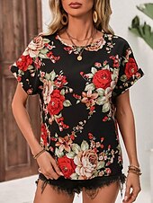 cheap Floral tee-Women&#039;s Shirt Blouse Floral Stylish Casual Short Sleeve Crew Neck Regular Tops Daily Print Black Summer Spring
