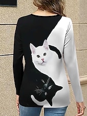 billige Dyrene tee-Dame T skjorte Fargeblokk Katt Fritid Langermet Hals med hakk Vanlige topper Daglig Trykt mønster Hvit Vår Høst