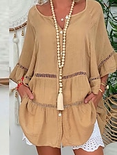 ieftine rochii imprimate din bumbac si in-Pentru femei Rochie Mini Rochii de in bumbac Rochie casual Elegant Epocă Stilat Mânecă evazată Vacanță Casual Zilnic Potrivire Largă Simplu Lungime Manșon 3/4 În V Alb Galben Roșu-aprins Maro Var