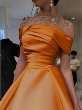 preiswerte Sekt-A-Linie Abendkleid Elegantes Kleid Formal Bodentiefe Kurzarm Illusion Ausschnitt Satin mit Raffung Perlen