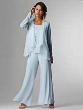 levne Máminy kalhotové kostýmy-Plážový svatební overal  kalhotový oblek 3 kusy Matky nevěsty Formální svatební host Elegantní Plus size Zahrnutý obal Lodní výstřih Délka podlahy Chiffon bez rukávů s krajkou bezplatná velikost na