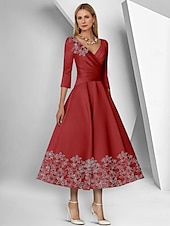 preiswerte Bodenlänge-A-Linie Kleid Strandhochzeit Brautmutterkleid Elegant Einfach V-Ausschnitt Knöchellänge Tee-Länge Satin 3/4-Länge Ärmel mit Spitze geraffte Pailletten Derby Kleid Renntag Kleid 2025