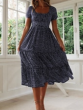 cheap Floral Dress-Women&#039;s Midi Dress Corset Dress A Line Dress Milkmaid Dress Puff Sleeve Dress Stylish Casual Vacation Daily Regular Fit Graphic Short Sleeve Square Neck Pink Navy Blue Blue Purple Summer