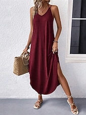 abordables vestido largo negro-Mujer Vestido Midi Vestido negro Vestido Cóctel Vestido formal Elegante Básico Sensual Diario Vacaciones Ajuste regular Plano Sin Mangas Escote en Pico Negro Vino Verde Ejército Verano