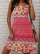 tanie Sukienki boho-Damskie Sukienka mini Sukienka A line Letnie sukienki Sukienka z odkrytymi ramionami Urlop Codzienny Codzienny Luźna Graficzny W Tureckie Wzory Bez rękawów Dekolt w kształcie litery U Czerwony