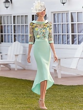 abordables Longueur du thé-Robe mère de la mariée florale formelle en dentelle brodée verte et rose robe élégante vintage col bijou asymétrique longueur thé tissu extensible demi-manches robe de course