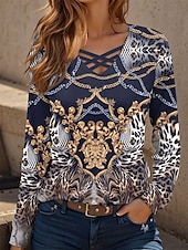abordables T-shirt Boho-Femme T shirt Graphic Léopard Cachemire Décontractées manche longue Col V Hauts réguliers du quotidien Découpé Imprimer bleu marine Printemps Automne