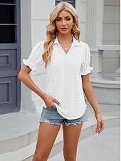 cheap Lace Tops-Women&#039;s Boho T-shirt Plain Bohemia Cute Stylish Short Sleeve Puff Sleeve V Neck Shirt Collar Regular Tops Daily Going out Weekend Ruffle Eyelet Sage Green Black White Pink Wine Summer