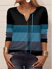 abordables T-shirt rayé et géométrique-Femme T shirt Géométrique Rayé Décontractées manche longue Col cranté Hauts réguliers du quotidien Imprimer Noir Bleu Violet Vert Eté Printemps Automne