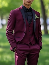 abordables Trajes de Regreso-Trajes de Fiesta para Hombre Smokings Trajes de Regreso a Casa Burdeos Moda Formal de Color Sólido Ajuste Estándar 3 Piezas De Un Solo Botón
