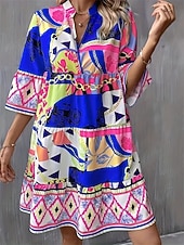 ieftine Rochii de Vacanță-Pentru femei Rochie Lunga Rochie Maxi Rochie casual Rochie A line Elegant Stilat De Bază Mânecă evazată Vacanță Zilnic Fit regulat Geometric Manșon Jumate În V Albastru piscină Trifoi Vară Primăvară