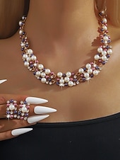 abordables Collar de mujer-Conjunto de collar y pendientes de perlas de imitación de lujo: elegante joyería nupcial bañada en oro para bodas, fiestas y eventos formales