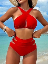 billiga Bikiniset-Dam Badkläder Bikini 2 st Kalsonger Baddräkt Öppen rygg Smal Semester Standkläder Ensfärgat Halterneck Ärmlös Baddräkter