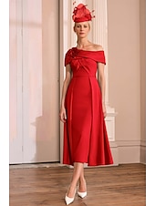 abordables Robes de cocktail-Robe de cocktail A-Line Robe élégante Formelle Mariage Longueur aux chevilles À manches courtes Une épaule Satin avec Fleur d&#039;épaule Robes